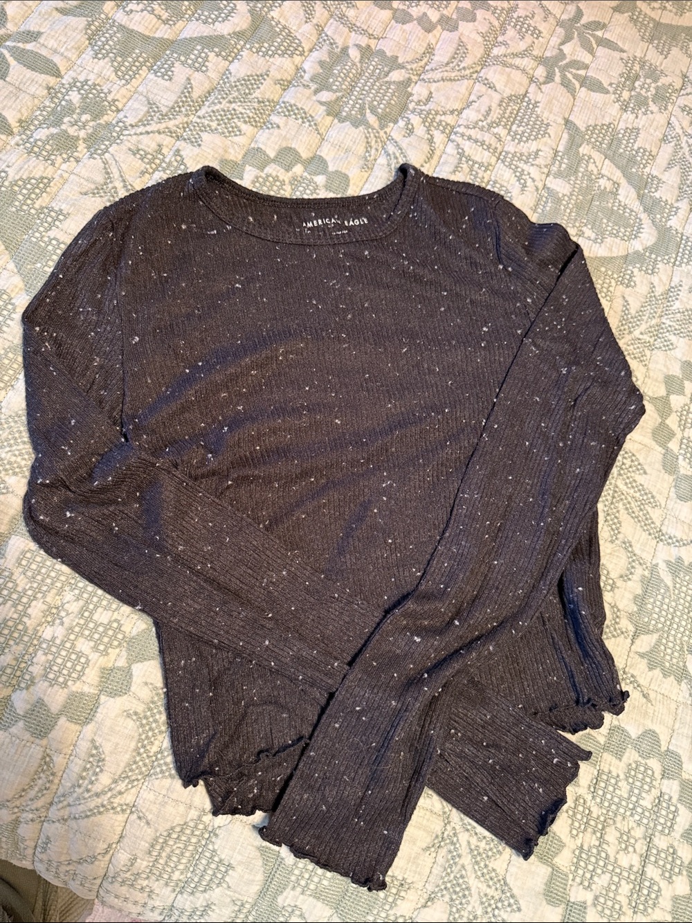American Eagle Outfitters Black Speckled Ribbed Long Sleeve Top